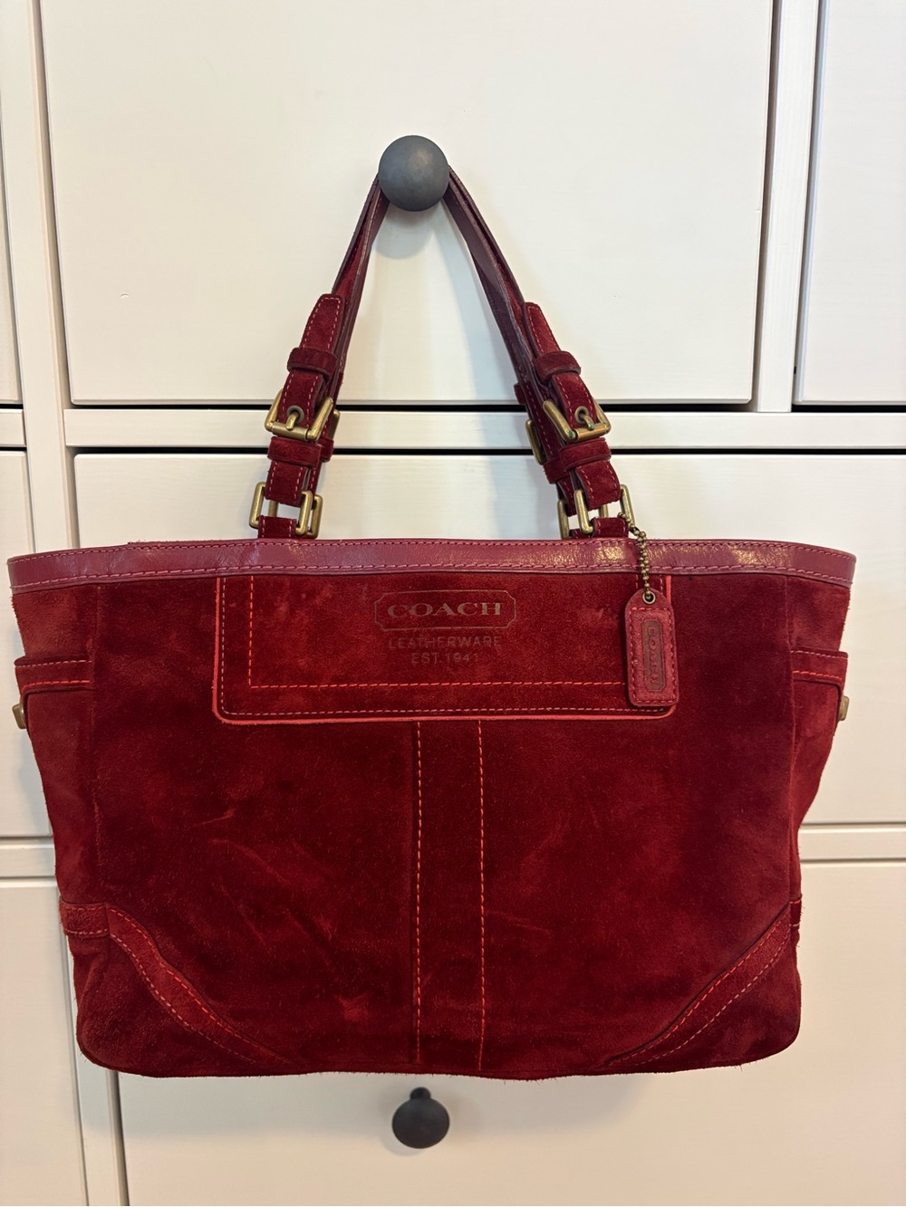 Coach Red Suede Shoulder Tote with Leather Trim
